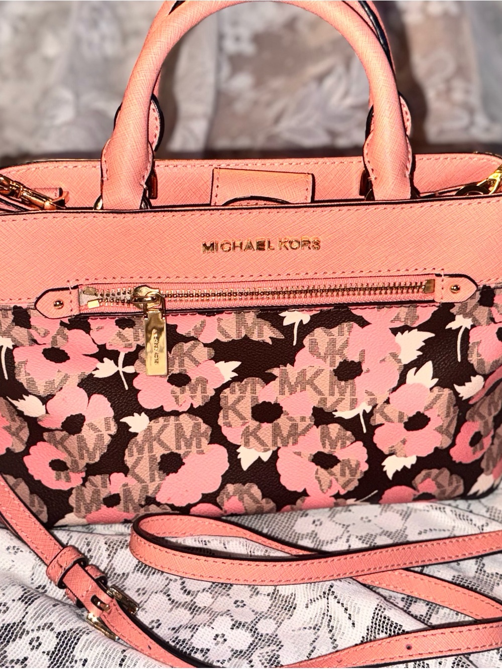 Michael Kors Pink Floral Logo Satchel with Gold Hardware